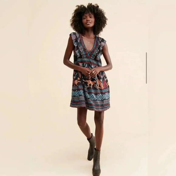 Anthropologie V-Neck Plunge Tunic Mini Dress Black Tiger XXS - Picture 3 of 9